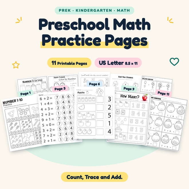 Preschool Math Practice Pages — Count, Trace and Add, PreK–K — cover
