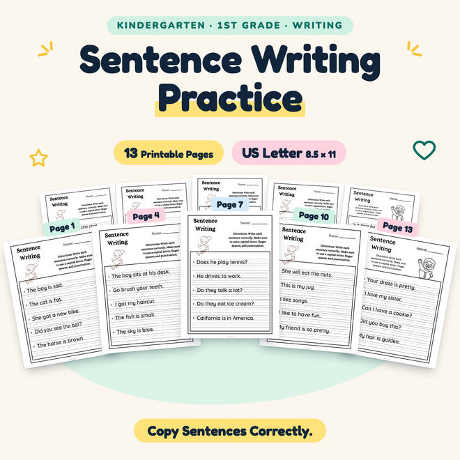 Sentence Writing Practice — Copy Sentences Correctly, K–1 — cover