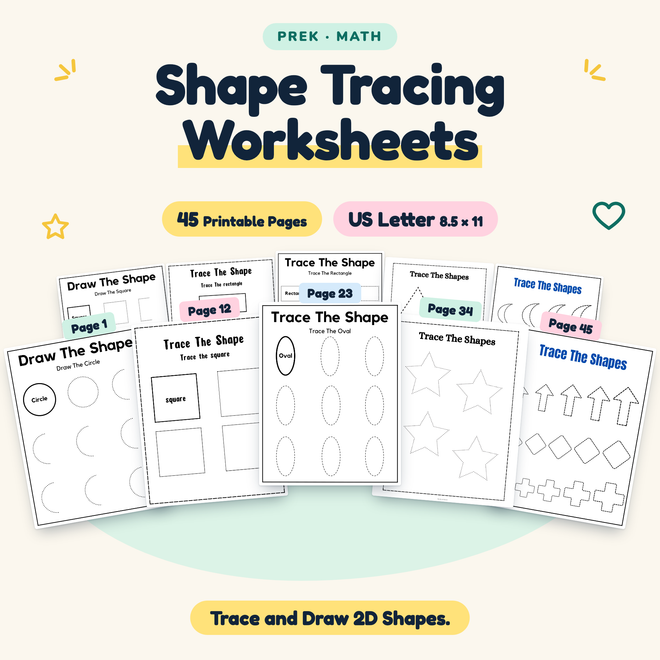 Shape Tracing Worksheets — Trace and Draw 2D Shapes, PreK — cover