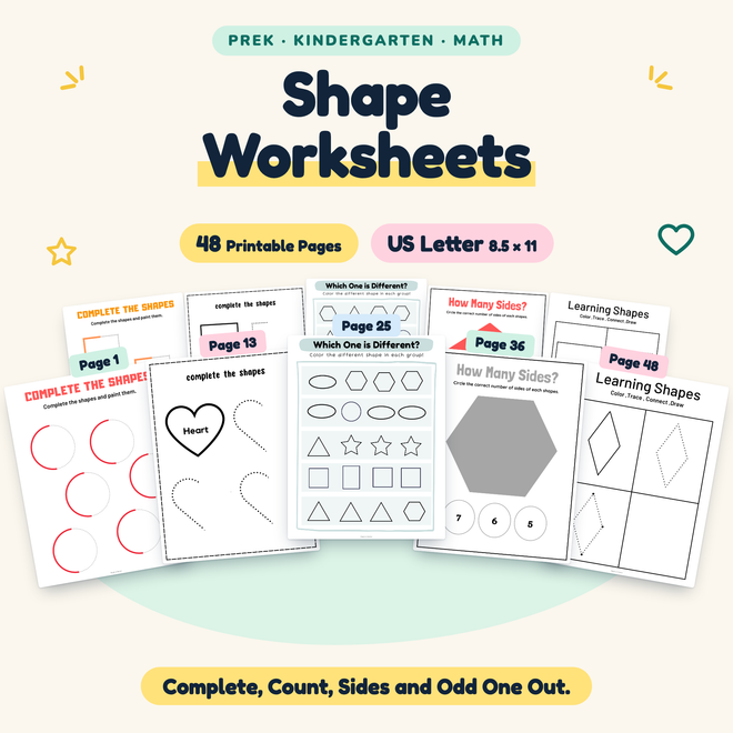 Shape Worksheets — Complete, Count, Sides and Odd One Out, PreK–K — cover