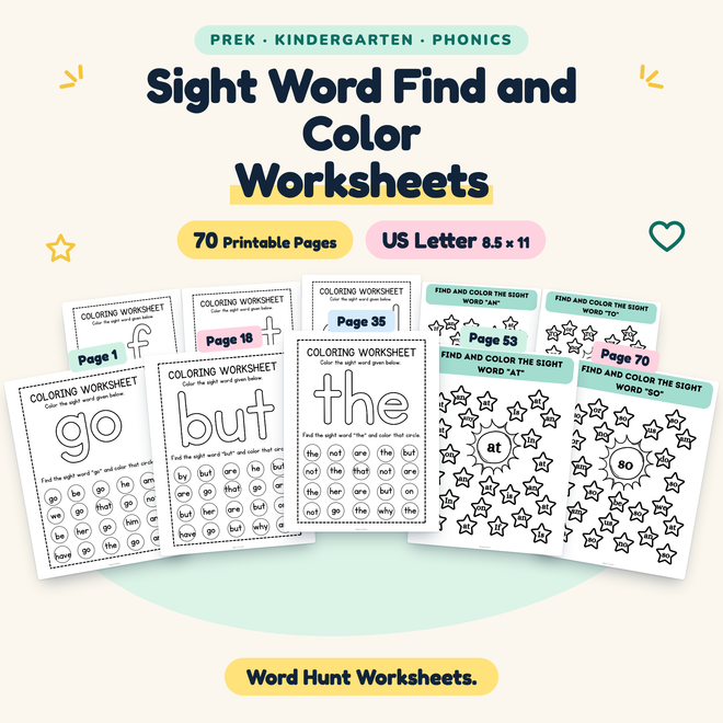 Sight Word Find and Color — Word Hunt Worksheets, PreK–K — cover