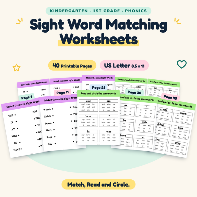 Sight Word Matching Worksheets — Match, Read and Circle, K–1 — cover