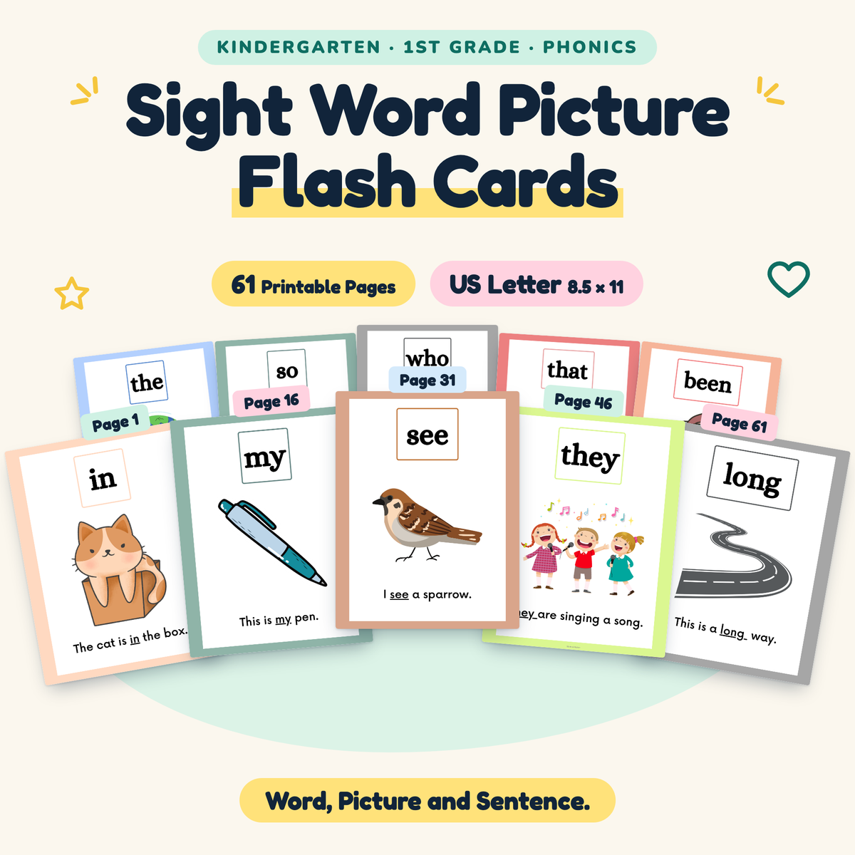 Sight Word Picture Flash Cards — Word, Picture and Sentence, K–1 — cover