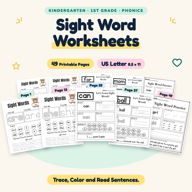 Sight Word Worksheets — Trace, Color and Read Sentences, K–1 — cover