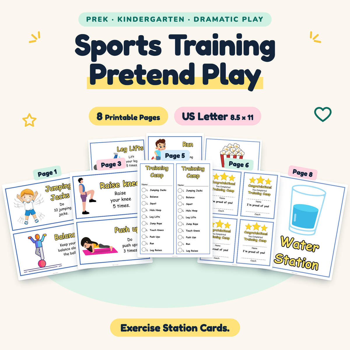 Sports Training Pretend Play — Exercise Station Cards, PreK–K — cover