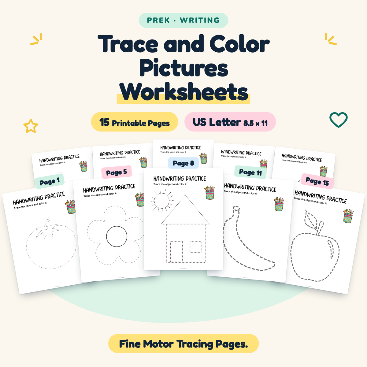 Trace and Color Pictures — Fine Motor Tracing Pages, PreK — cover