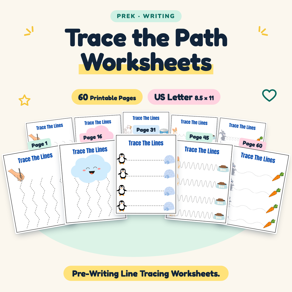 Trace the Path — Pre-Writing Line Tracing Worksheets, PreK — cover